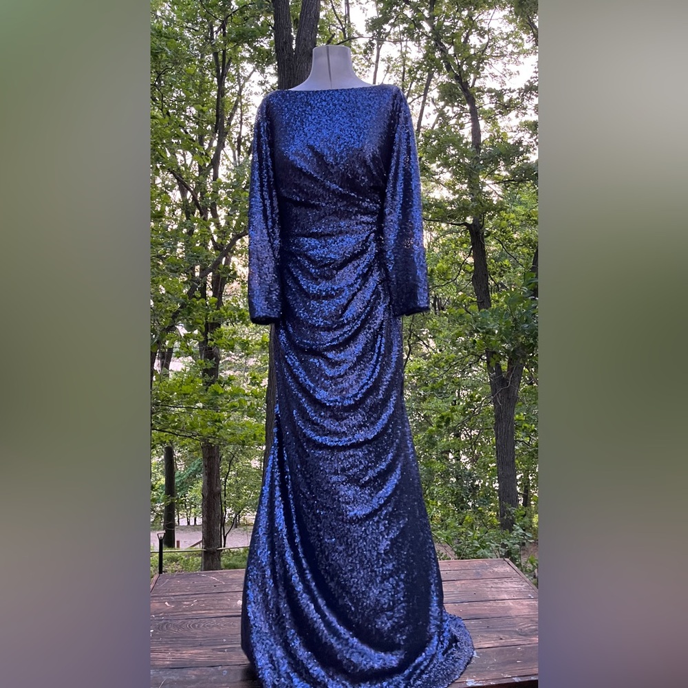 Christina Wu Blue Ruched Long Sleeve Sequin Gown